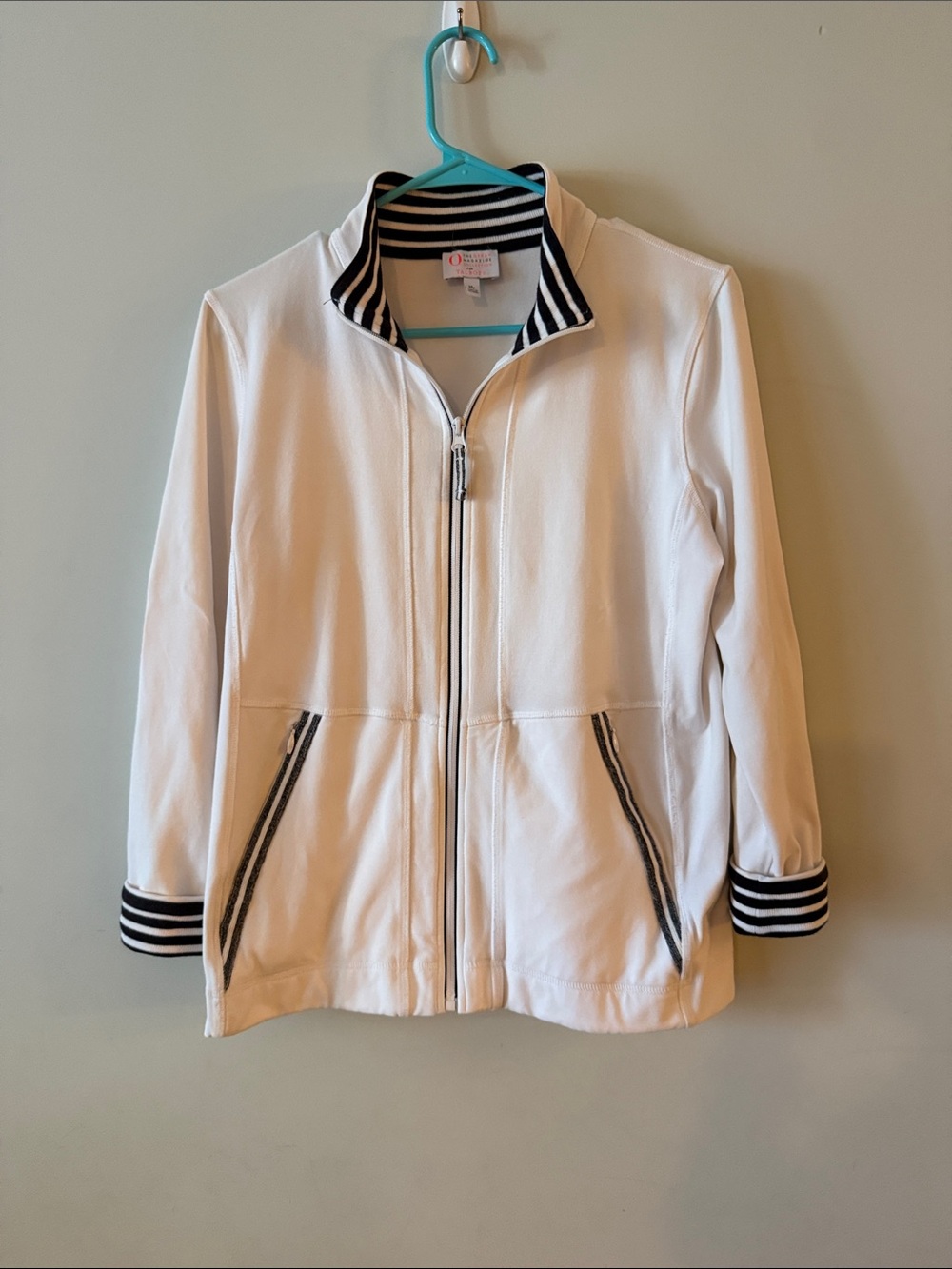 Talbots “The Jacket” White Zip-Up Jacket with Black Stripe Trim